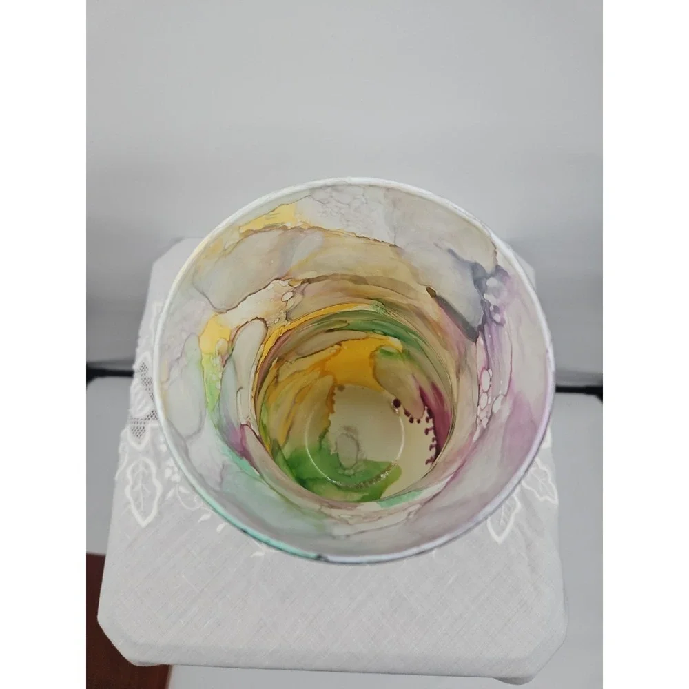 Unique Art Glass Vase Swirls Purple Green Yellow Abstract Design Accent‎ Decor